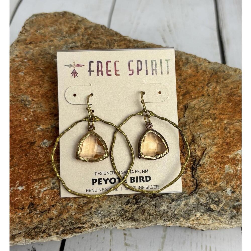 Peyote Bird Free Spirit Earrings Tangerine Quartz Stone Hammered Hoop J058